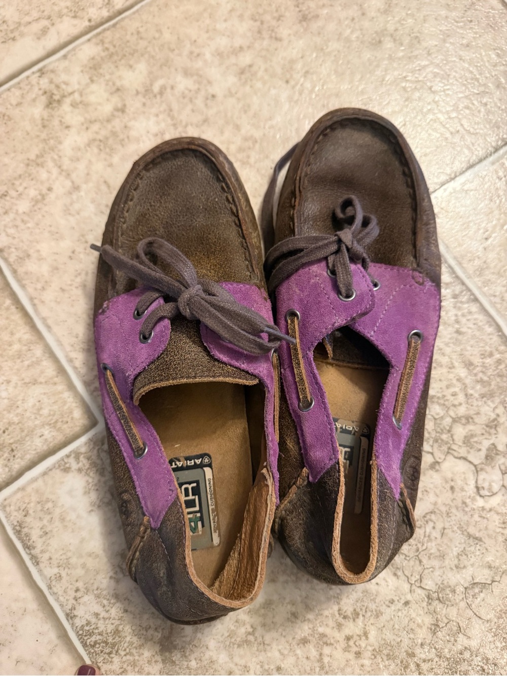 Ariat Brown Leather Moccasins with Purple Suede Accents